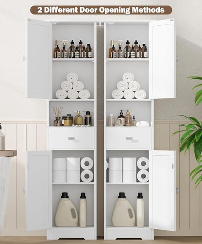 Akxomel 67" H Narrow Tall Bathroom Cabinet with 2 Doors and Storage Drawer | Floor Cabinet with Adjustable Shelves, Anti-Tip Design, 11.0 x 12.6 x 66.9 Inches, for Bathroom, Kitchen，Entryway, White