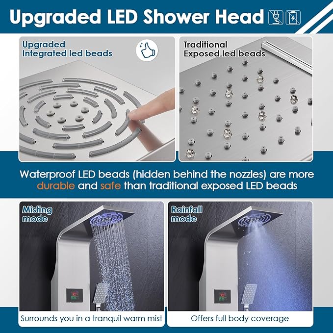 ROVOGO Shower Panel Tower System Unibody Design, Rain Mist Shower, Body Jets, Handheld and Tub Spout, No Battery Needed Led Lights and Temp Display, Shower Column 304 Stainless Steel Brushed