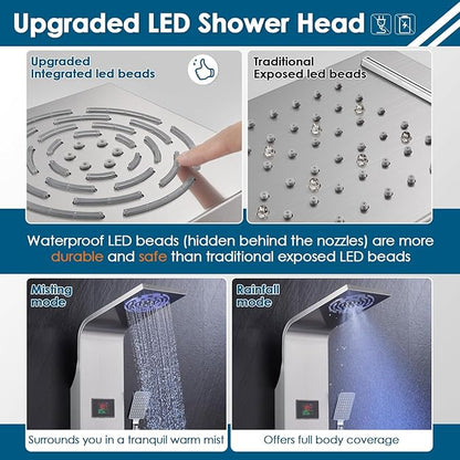 ROVOGO Shower Panel Tower System Unibody Design, Rain Mist Shower, Body Jets, Handheld and Tub Spout, No Battery Needed Led Lights and Temp Display, Shower Column 304 Stainless Steel Brushed