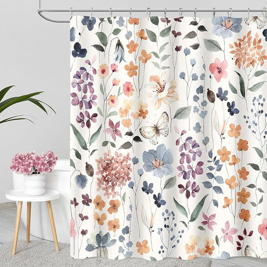 Long Shower Curtain 72 x 78 Inch, Tall Floral Shower Curtain for Bathroom, Colorful Watercolor Wildflower Vintage Trendy Fabric Shower Curtain Set with Hooks, Ivory