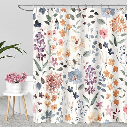 Extra Long Shower Curtain 72 x 84 Inch, Tall Floral Shower Curtain for Bathroom, Colorful Watercolor Wildflower Vintage Rustic Trendy Fabric Shower Curtain Set with Hooks, Ivory