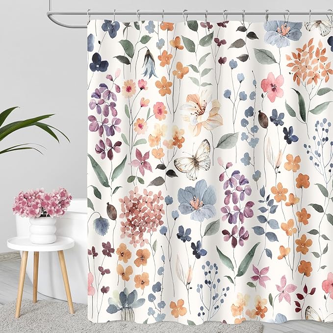 Floral Shower Curtain 60x72, Colorful Flower Fabric Shower Curtain for Bathroom, Cute Botanical Leaf Wildflower Bath Curtain Boho Vintage Rustic Trendy Shower Curtain Set, Ivory
