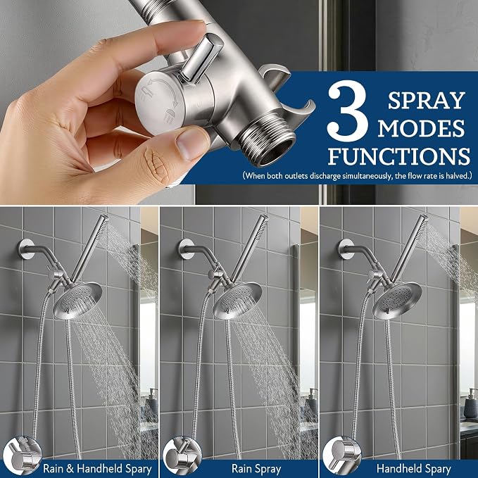G-Promise Solid Metal Shower Head Diverter with Holder 3-Way | Spray Separately or Both, Adjustable-Angle Bracket, Anti-Leak, Smooth Knob Switch, Easy Install, Universal Replacement Part