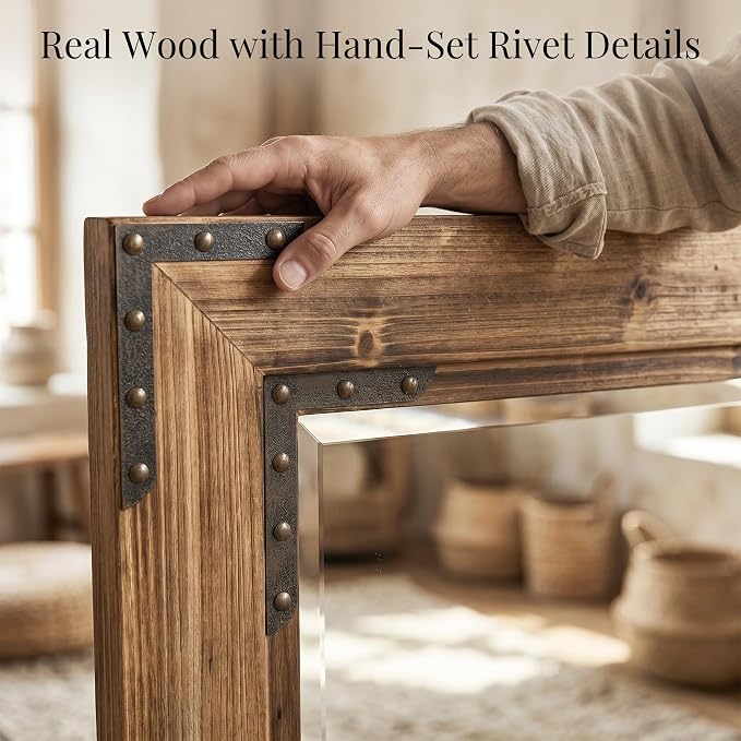 Rustic Brown 30x40 Inch Wood Bathroom Vanity Mirror, Rivets | Farmhouse style, deep weathered grain, larger vanities, mantels, dressers and entry consoles