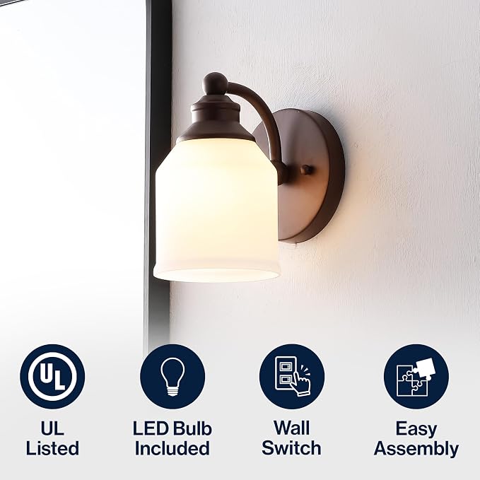 JONATHAN Y Lydia 1-Light Metal Vanity Wall Sconce 5.13", Oil Rubbed Bronze | Frosted White Glass Bell Shades, Dimmable Hardwired Damp Rated Bathroom Wall Sconce, Classic Style, LED Bulbs Included