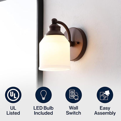 JONATHAN Y Lydia 1-Light Metal Vanity Wall Sconce 5.13", Oil Rubbed Bronze | Frosted White Glass Bell Shades, Dimmable Hardwired Damp Rated Bathroom Wall Sconce, Classic Style, LED Bulbs Included