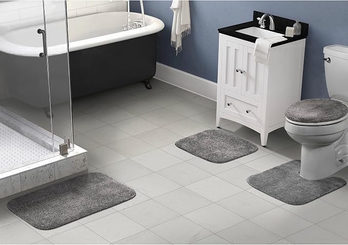 Garland Rug Traditional Nylon Washable Medium Gray 4 Piece Set - Lid, Contour, 2 Bath Rugs - Soft, Absorbent, and Stylish for Your Bathroom