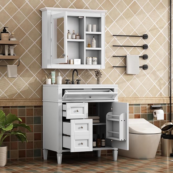 Merax 30 Inch Bathroom Vanity with Sink, Modern Bathroom Vanity Storage Cabinet with Matching Mirror Medicine Cabinet, Solid Wood Frame，Painted Finish, 2 Drawers and 1 Tip-Out Drawer, White