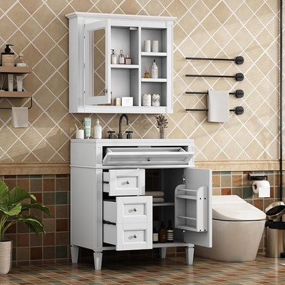 Merax 30 Inch Bathroom Vanity with Sink, Modern Bathroom Vanity Storage Cabinet with Matching Mirror Medicine Cabinet, Solid Wood Frame，Painted Finish, 2 Drawers and 1 Tip-Out Drawer, White