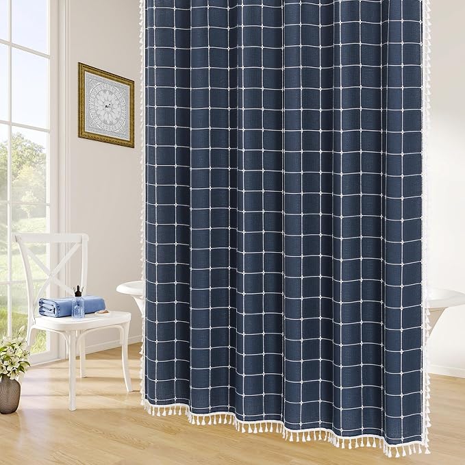 Long Boho Farmhouse Shower Curtain for Bathroom 72x78 | Long French Country Plaid Tassel Shower Curtain, Rustic Aesthetic Bathroom Decor Windows Curtain, Navy Blue