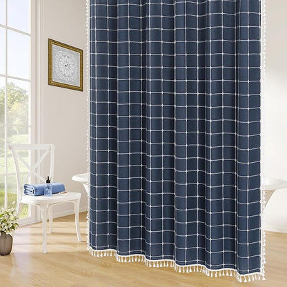 Long Boho Farmhouse Shower Curtain for Bathroom 72x78 | Long French Country Plaid Tassel Shower Curtain, Rustic Aesthetic Bathroom Decor Windows Curtain, Navy Blue