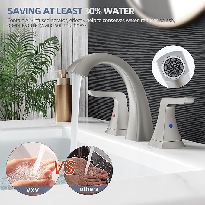 VXV Brushed Nickel Bathroom Faucet Widespread 8 Inch, 3 Hole Vanity Sink Faucet with Pop-Up Drain & Pre-Attached Supply Lines for Easy DIY Installation, Faucet for Bathroom Sink, RV