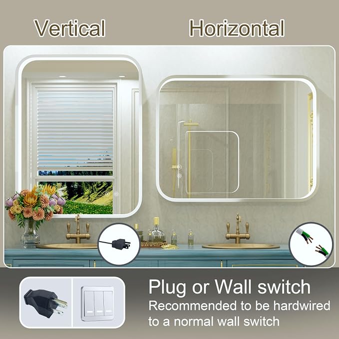 28"x36" Silver LED Bathroom Mirror with 3000K/4500K/6000K Lights | Stepless Dimmable,Anti-Fog,Memory Function,Aluminum Frame Wall Mount Lighted Bathroom Vanity Mirror,ETL Cert‌,IP54 Waterproof