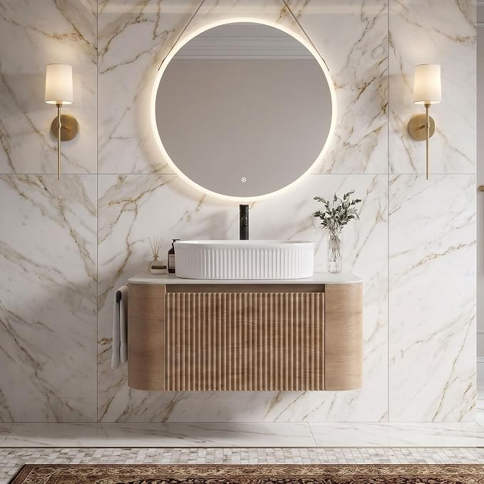 30" Preassembled Floating Bathroom Vanity with White Sink, Oak | Mid-Century Modern Style, Fluted & Soft-Close Drawer with U-shaped Wall, Sinterted Stone Countertop, Towel Rack Included
