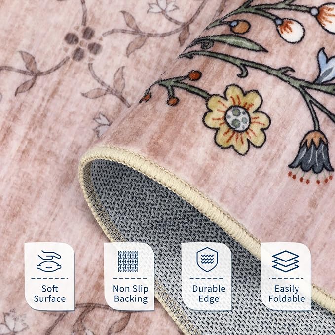 2x6 Modern Floral Area Rug Washable Runner Rug for Hallway Non Slip Low-Pile Stain Resistant Soft Non-Shedding Bathroom Rugs for Nursery Office Dining Room Entryway，Pink