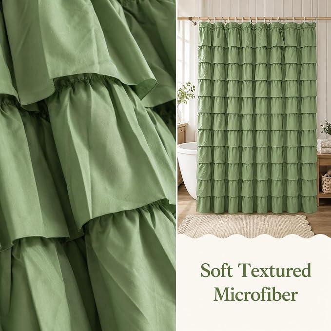 Sage Green Ruffle Shower Curtain for Bathroom, 72x84 inch, 1 Panel | Cottagecore Bathroom Decor, Soft Microfiber Fabric, Extra-Long 72 X 84, 12 Hooks Included, Machine Washable, Opaque Privacy
