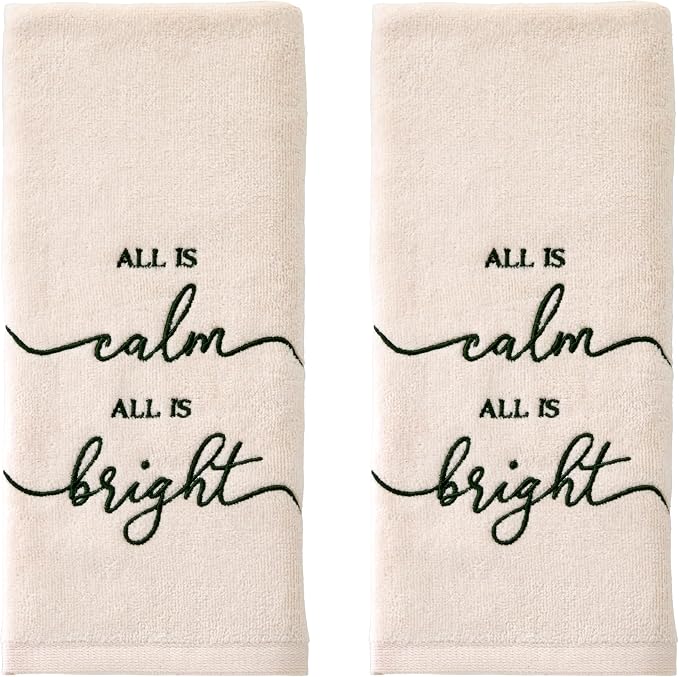 SKL Home Christmas/Winter All is Calm Hand Towel Set-2pc, Natural | 100% Cotton. Soft, embroidered velour. Great for the bathroom, kitchen or bar & holiday gifting.