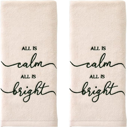 SKL Home Christmas/Winter All is Calm Hand Towel Set-2pc, Natural | 100% Cotton. Soft, embroidered velour. Great for the bathroom, kitchen or bar & holiday gifting.