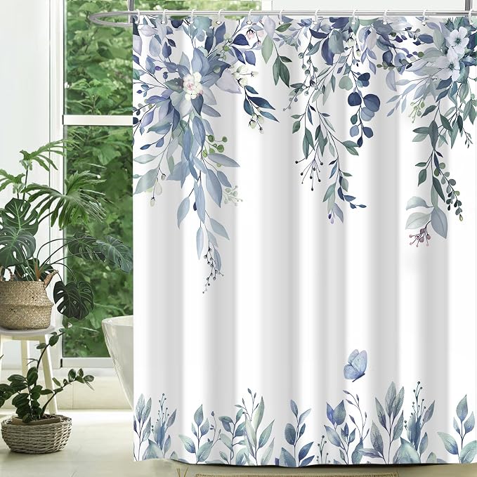 Eucalyptus Shower Curtains for Bathroom, Blue Watercolor Leaves with Floral Shower Curtain Sets with Hooks, Waterproof Fabric Botanical Bathroom Decor, 72x84 Inches