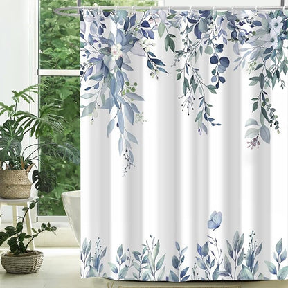 Eucalyptus Shower Curtains for Bathroom, Blue Watercolor Leaves with Floral Shower Curtain Sets with Hooks, Waterproof Fabric Botanical Bathroom Decor, 72x84 Inches