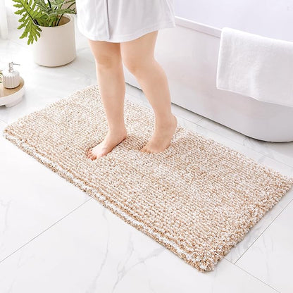 ILANGO Beige and White Bathroom Rugs 48" × 24" Non Slip & Super Absorbent Extra Thick Soft, Washable Bath Mat for Floor, Microfiber Plush Shaggy Bath Rug with Rubber for Bathtub Shower Room Sink