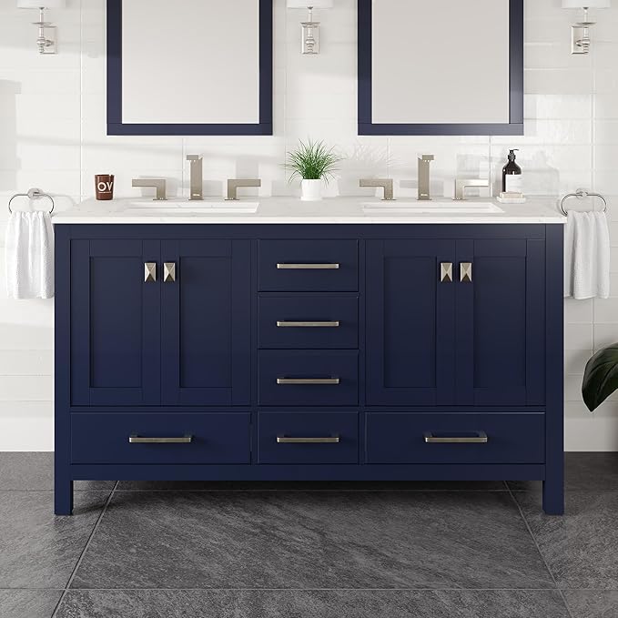 Eviva Aberdeen 60 in. Blue Double Sink Bath Vanity with Carrara Quartz Top and Undermount Porcelain Sinks