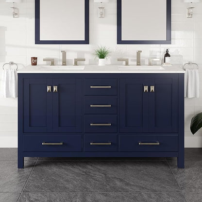 Eviva Aberdeen 60 in. Blue Double Sink Bath Vanity with Carrara Quartz Top and Undermount Porcelain Sinks