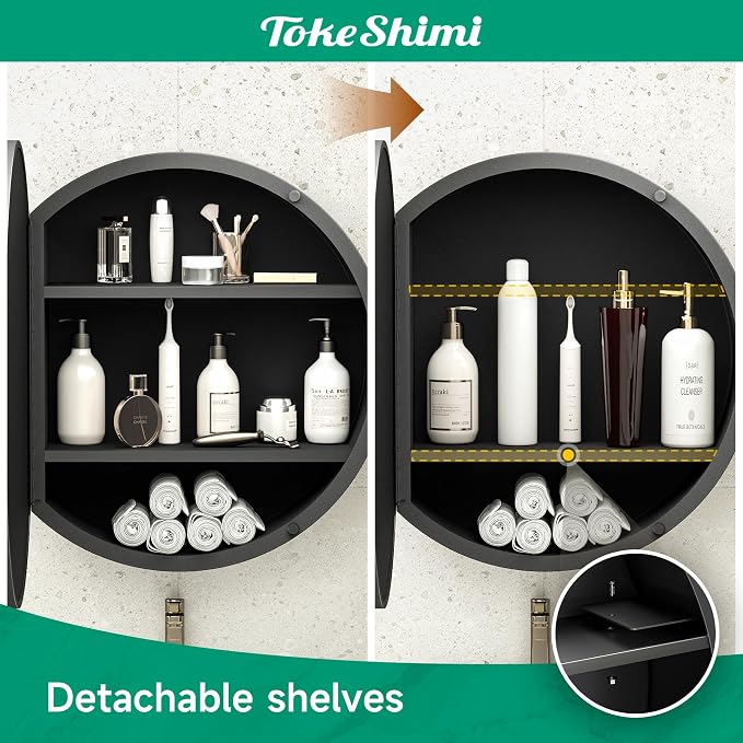 TokeShimi 24 x 24 Round Medicine Cabinet with Mirror, Black Medicine Cabinet, Circle Bathroom Mirror with Storage, Shatterproof with Metal Frame, Detachable Shelves, Wall Mounted Only