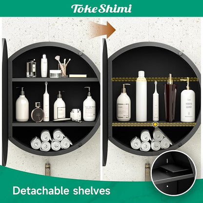 TokeShimi 24 x 24 Round Medicine Cabinet with Mirror, Black Medicine Cabinet, Circle Bathroom Mirror with Storage, Shatterproof with Metal Frame, Detachable Shelves, Wall Mounted Only