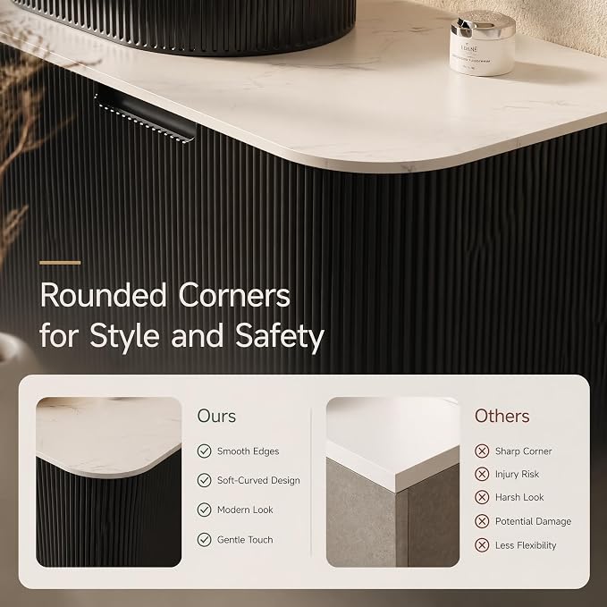 48 Inch Bathroom Vanity with Sink, Floating Wall Mounted Single Sink Vanity, Black Curved Fluted Front, Stone Top, Black Textured Oval Vessel Basin, Pre-Assembled