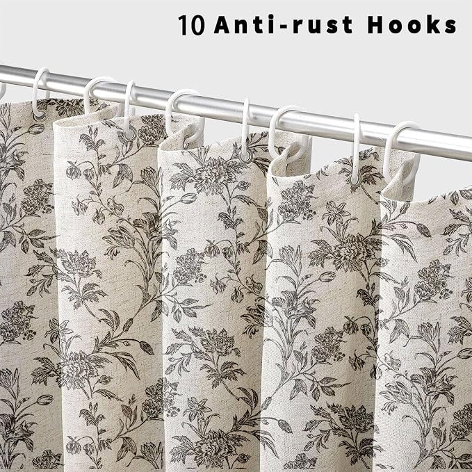 WOUVMA Black Shower Curtain Floral Cotton Linen Cottagecore Shower Curtain for Bathroom 60" W x 72" L