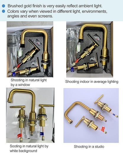 WOWOW Brushed Gold Bathroom Faucet Widespread Bathroom Sink Faucet 2 Handle Lavatory Tap 3 Holes with Drain and Supply Hoses Mordern Basin Taps
