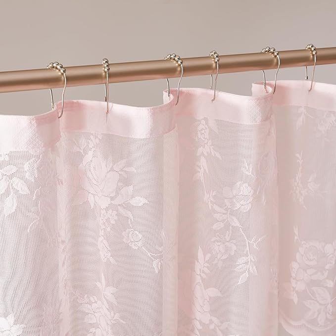 SEEKRIGHT Pink Lace Shower Curtain with Attached Valance Romantic Floral Shower Curtain Cute Scalloped Edge Lace Shabby Chic Bath Curtains for Spa Hotel Bathroom Farmhouse Decor, 1 Panel, 36x72
