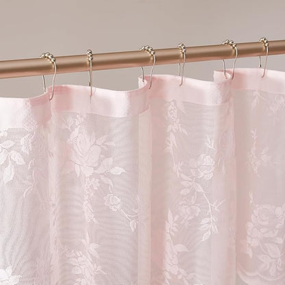 SEEKRIGHT Pink Lace Shower Curtain with Attached Valance Romantic Floral Shower Curtain Cute Scalloped Edge Lace Shabby Chic Bath Curtains for Spa Hotel Bathroom Farmhouse Decor, 1 Panel, 36x72