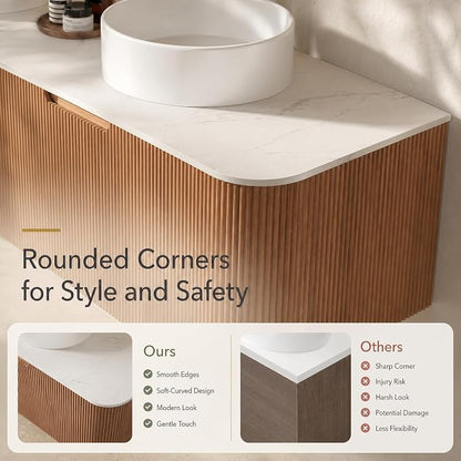 60 Inch Double Sink Bathroom Vanity, Floating Wall Mounted Cabinet, Natural Woodgrain Curved Fluted Front, Stone Top, Dual Pure White Round Vessel Basins, Pre-Assembled
