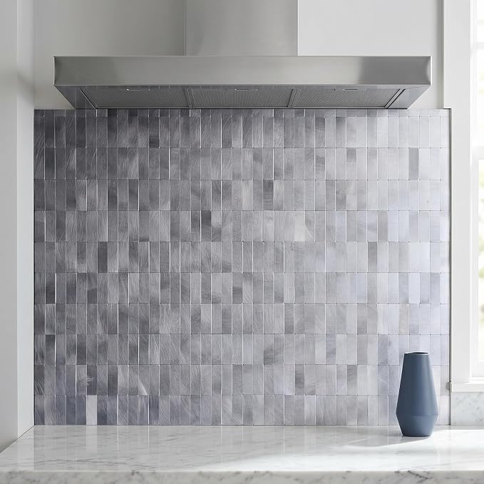 XUANINY Peel and Stick Tile Backsplash Wall Tiles, Frosted Silver, 8-Pack | Self-Adhesive, Easy to Install, Aluminum Mosaic Sticker, For Kitchen, 11.33"x11.92" Per Sheet