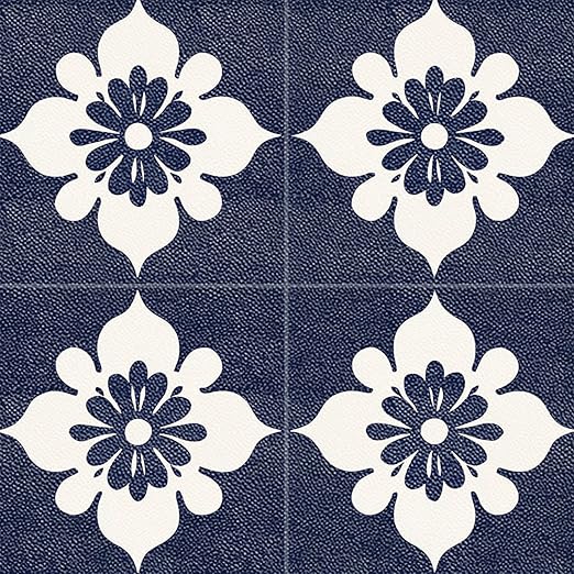 Navy Floral Peel and Stick Floor Tiles 12x12 Inch 10PCS | Navy blue and white floral tile pattern vinyl floor stickers for kitchen bathroom entryway and indoor home decor
