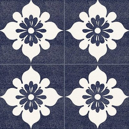 Navy Floral Peel and Stick Floor Tiles 12x12 Inch 10PCS | Navy blue and white floral tile pattern vinyl floor stickers for kitchen bathroom entryway and indoor home decor