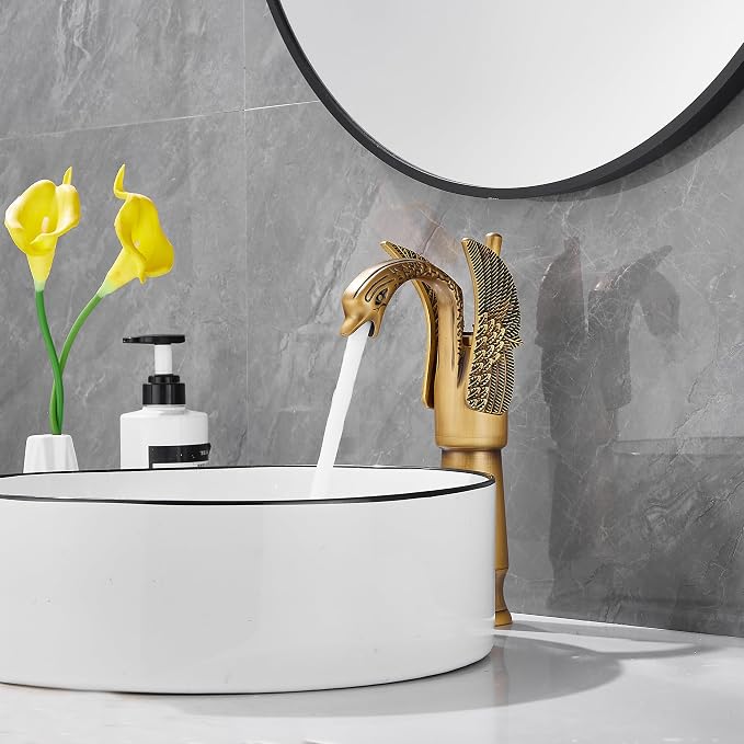 Antique Brass Swan Shape Single Handle One Hole Bathroom Vessel Sink Faucet Deck Mount Lavatory Sink Faucet
