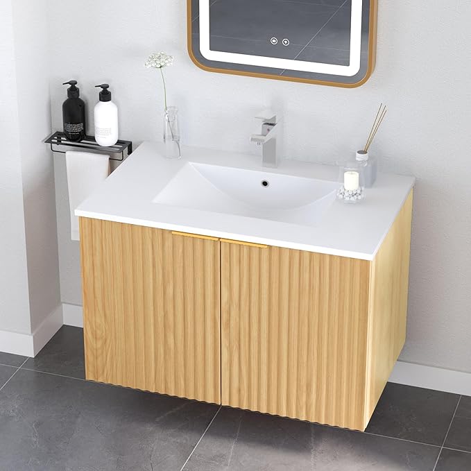 Modern Bathroom Vanity Without Sink, Floating Wall Mount Cabinet with Wavy Textured Doors, Waterproof Storage for Small Bathroom, Soft-Close Design, Nature Wood (Nature Without Sink, 30")