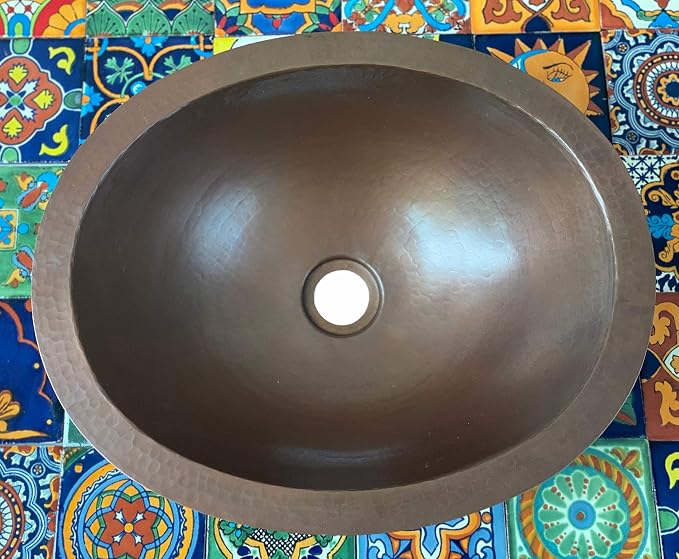 16" x 13" Oval Copper Bathroom Sink Mexican Copper Bath Sink Pure Copper Hand Hammered Dual Mount Brown CPS02