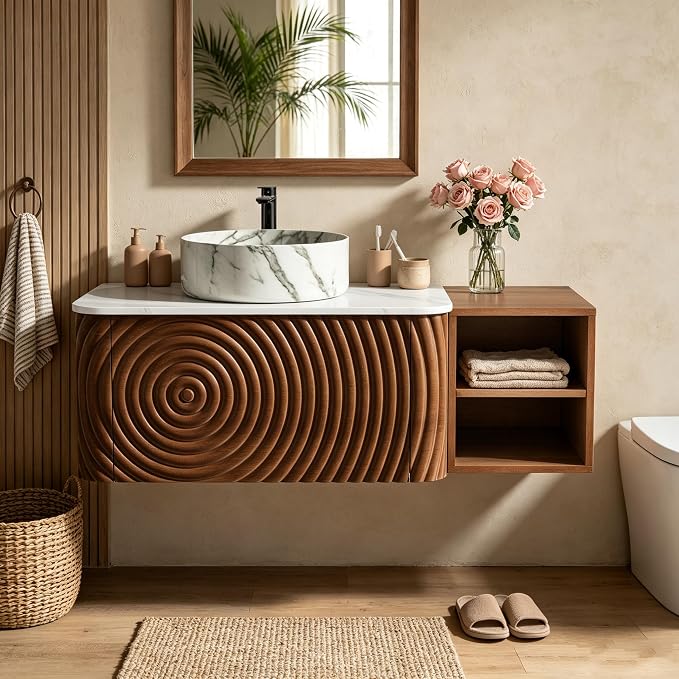 42" Floating Bathroom Vanity with Sink, Mid-Century Wall Mounted Bathroom Vanity Cabinet with Wood Waved Decor,Marble Ceramic Basin and Sintered Stone Top, Soft Close Drawer, Side Open Cube
