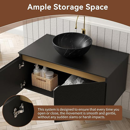 36 Inch Bathroom Vanity with Sink, Floating Fluted Vanity with Vessel Sink, Modern Bathroom Vanity Cabinet with 2 Doors, Bowl Vessel Sink & Sintered Stone Top, Black