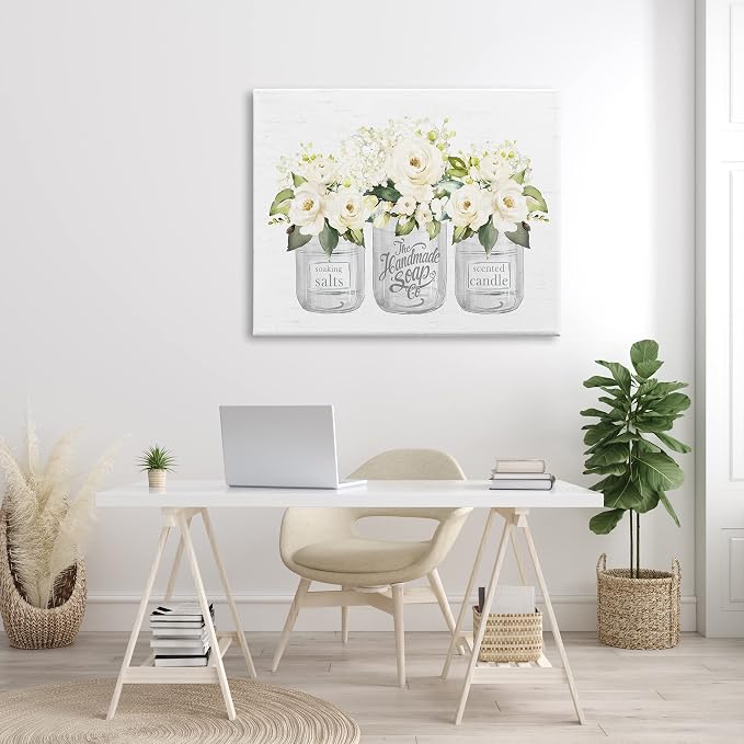 White Roses Rustic Candle Jars, 36 x 48 Inch Canvas Wall Art | Stupell Industries · By Lettered and Lined · Ready to hang · Charming country decor for bathroom or living room · Made in USA