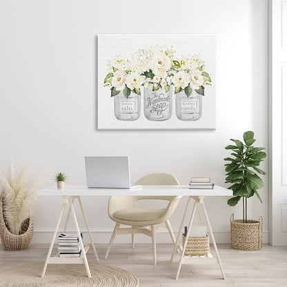 White Roses Rustic Candle Jars, 36 x 48 Inch Canvas Wall Art | Stupell Industries · By Lettered and Lined · Ready to hang · Charming country decor for bathroom or living room · Made in USA