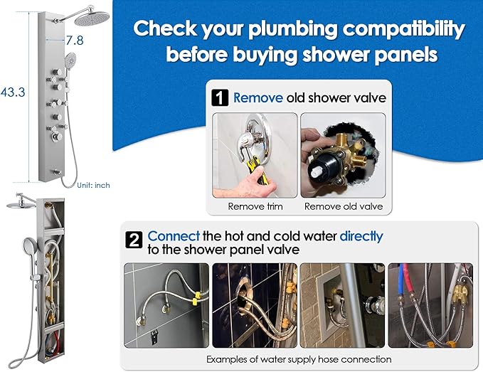 ROVOGO Shower Panel Tower System - Use 4 Functions at the Same Time: Rain Shower, Handheld, Body Jets and Tub Spout, 304 Stainless Steel Shower Column with Adjustable Head, Brushed