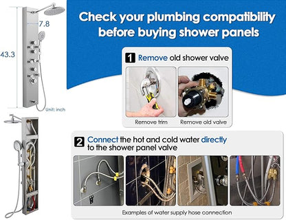 ROVOGO Shower Panel Tower System - Use 4 Functions at the Same Time: Rain Shower, Handheld, Body Jets and Tub Spout, 304 Stainless Steel Shower Column with Adjustable Head, Brushed