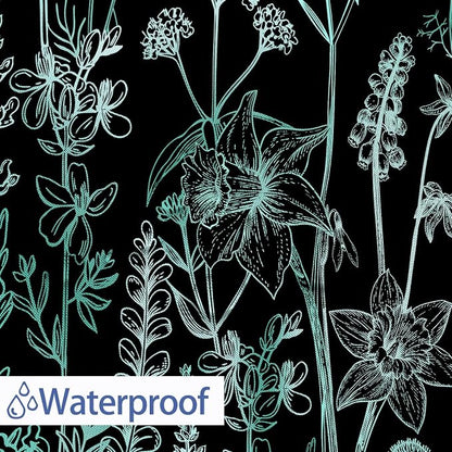 Vintage Black and Teal Boho Shower Curtain, Black Turquoise Floral Aesthetic Dark Wildflower Botanical Flowers Shower Curtain for Bathroom with Hook, Farmhouse Plant Art Chic Shower Curtain 72X72