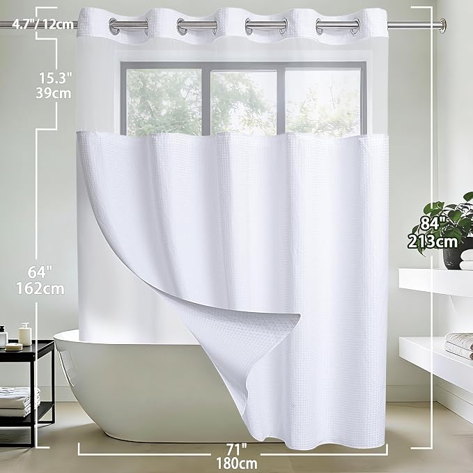 Conbo Mio Extra Long No Hook Waffle Weave Shower Curtain with Snap in Liner Set, Hotel Luxury White Shower Curtains for Bathroom with See Through Top Window, Waterproof, Washable 71W x 84H