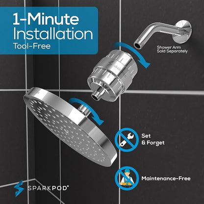 SparkPod Filtered Shower Head, 23-Stage, 8" Round, Polished Chrome | Showerhead for Hard Water, High Pressure, Reduces Chlorine, Heavy Metals, For Dry Skin & Hair, Removable Capsule Filter
